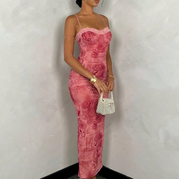 Multicolor Sexy Women's Floral Printed Pattern Lace Slim Fit Long Tank Dress - Picture 3 of 5